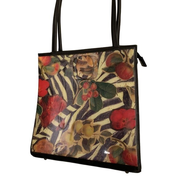 Angela Frascone Black Leather Apples Floral Resin Handbag NOS Vintage - Picture 2 of 12